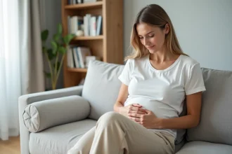 Femme tenant son côté droit du ventre avec une expression de gêne abdominale assise sur un canapé