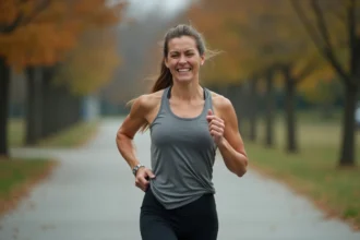 Femme sportive s'arrêtant de courir en tenant son côté droit douloureux, illustrant une douleur abdominale après l'effort