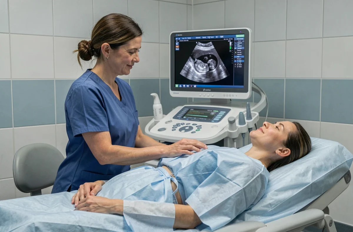 Échographie ovarienne réalisée par une technicienne pour diagnostiquer un kyste aux ovaires