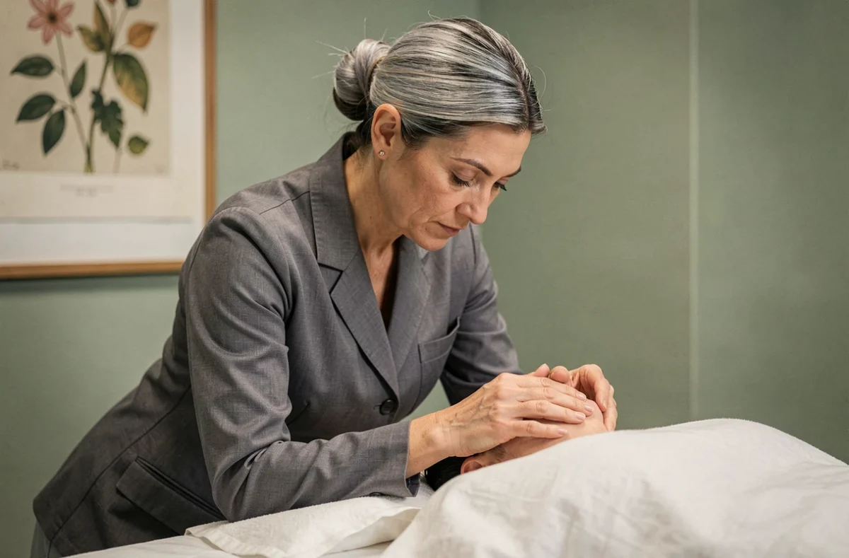 Emmanuelle Soubeyran, ostéopathe, pratiquant une technique d'ostéopathie crânienne sur une patiente allongée