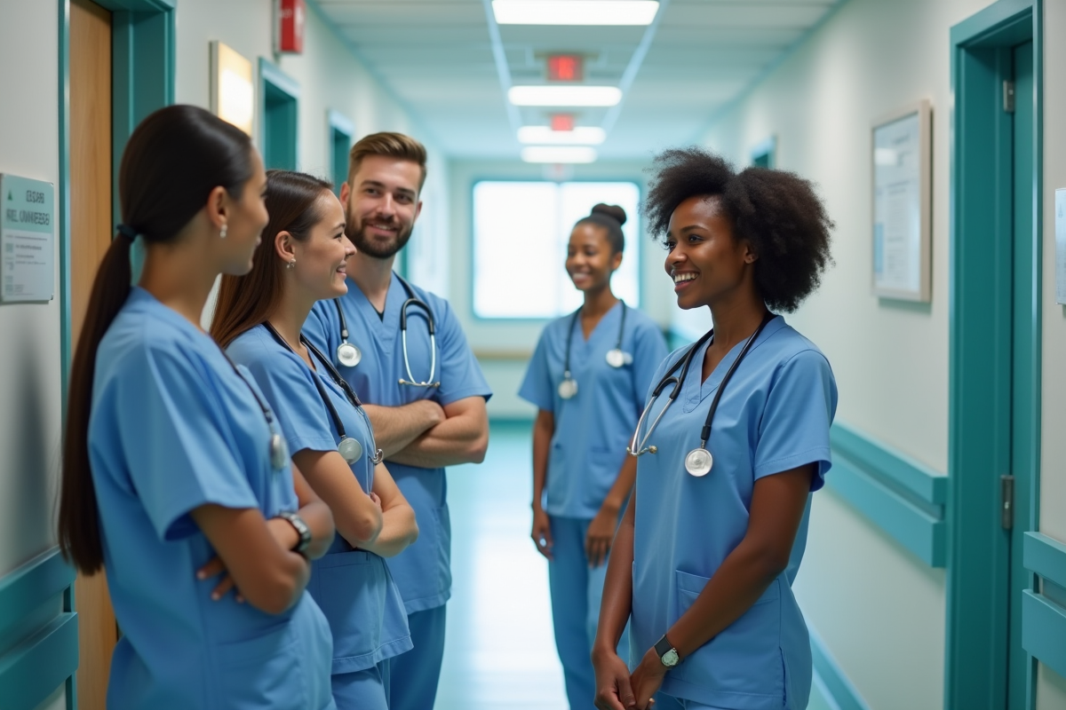 Groupe de professionnels de la santé mentale dans un couloir d