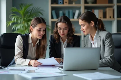 Equipe de professionnels en r&eacute;union de travail dans un bureau moderne