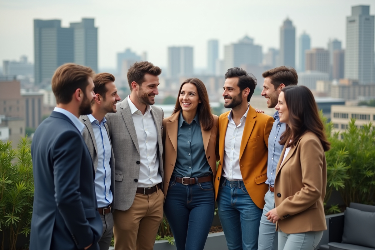 Groupe de collègues discutant sur une terrasse de bureau