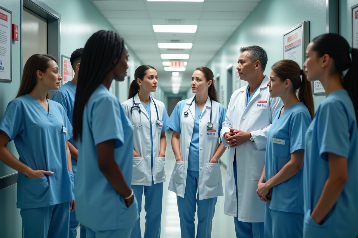 Equipe de soignants en discussion dans un couloir d