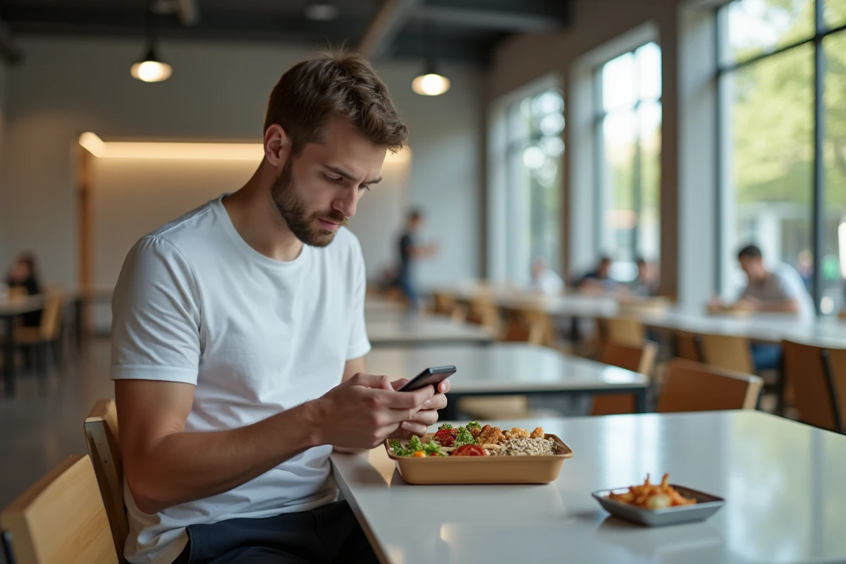 Étudiant mangeant un bento préparé à l'avance dans une cafétéria universitaire moderne