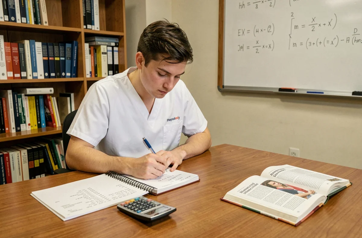 Étudiant infirmier révisant des calculs de doses sur un manuel de pharmacologie