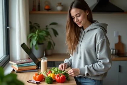 Étudiante préparant un repas rapide et équilibré dans sa cuisine de studio universitaire