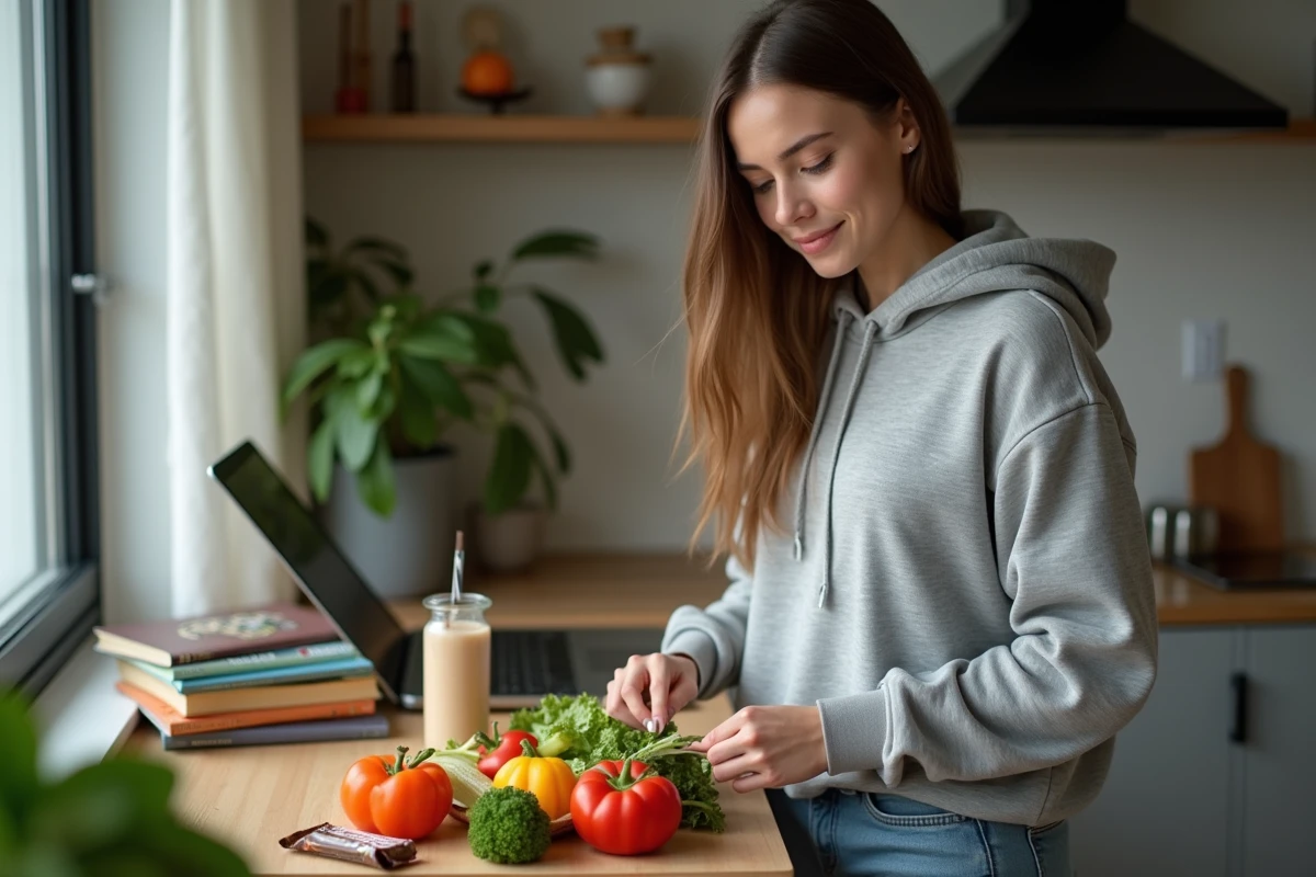 Étudiante préparant un repas rapide et équilibré dans sa cuisine de studio universitaire