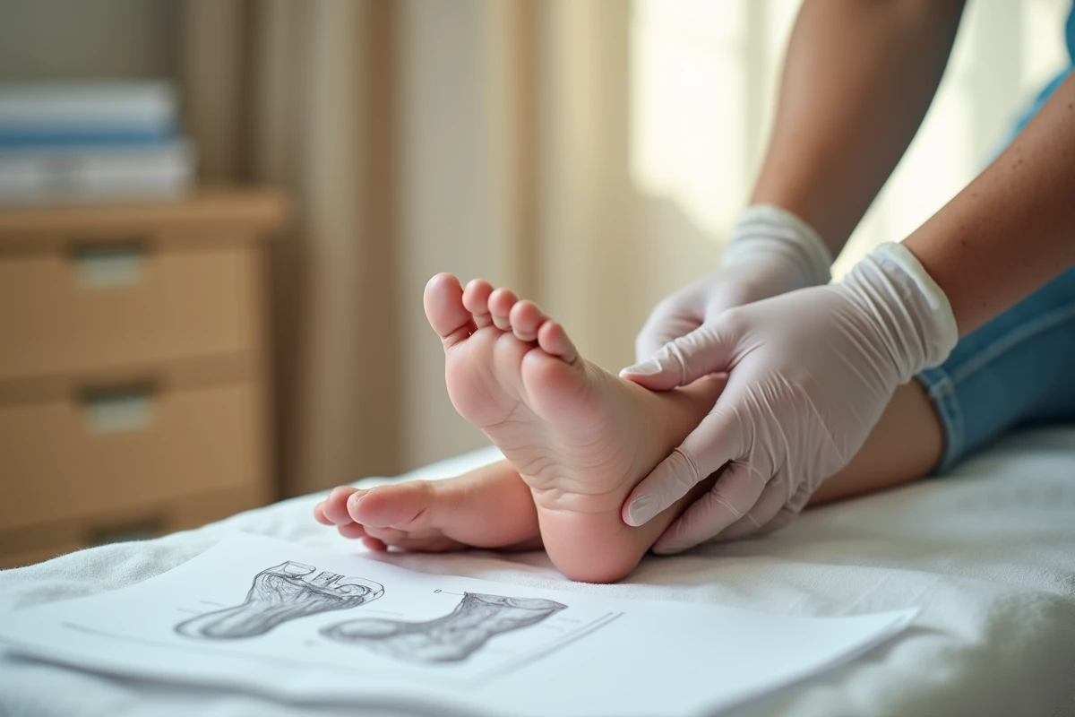 Gros plan des mains d'un podologue examinant le talon d'un patient souffrant d'une épine calcanéenne lors d'une consultation spécialisée