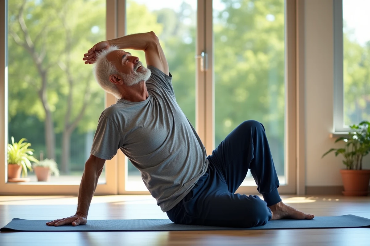 Senior masculin réalisant des exercices d'étirement doux pour soulager une douleur intercostale sur un tapis de yoga à domicile