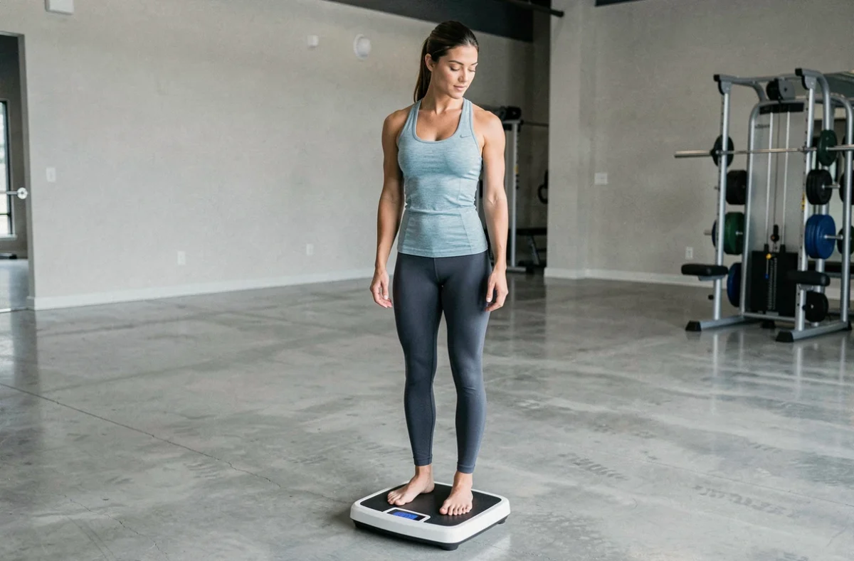 Femme de taille 1m60 mesurant son poids sur une balance connectée dans une salle de sport moderne