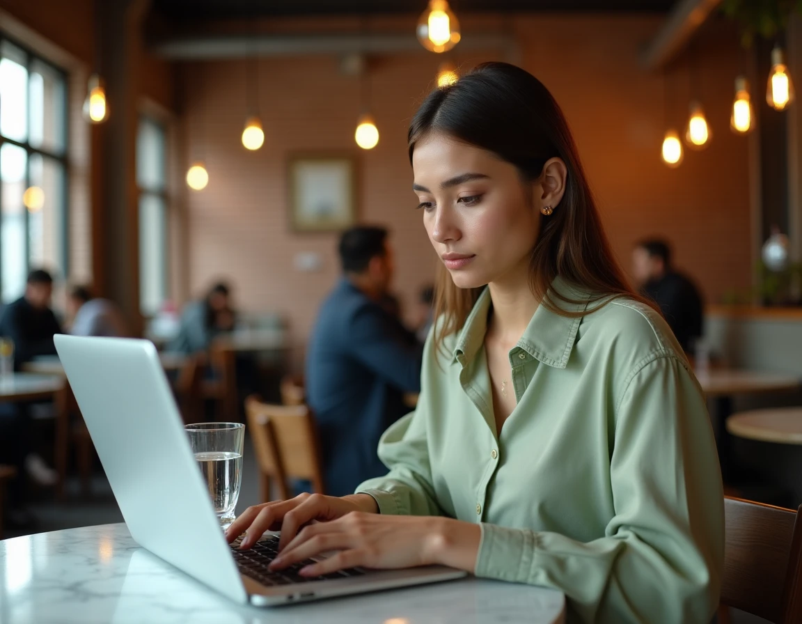 Jeune femme souscrivant &agrave; un abonnement magazine psychologie positive sur ordinateur portable dans un caf&eacute; urbain
