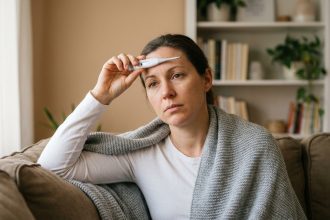 Femme adulte fatiguée prenant sa température avec un thermomètre numérique, enveloppée dans un plaid gris sur un canapé
