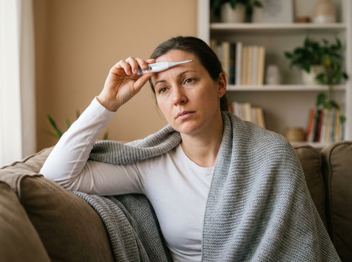 Femme adulte fatiguée prenant sa température avec un thermomètre numérique, enveloppée dans un plaid gris sur un canapé
