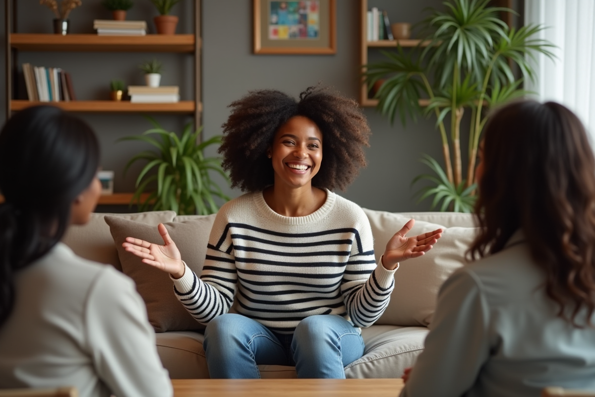 Femme riant avec ses amis dans un salon cosy