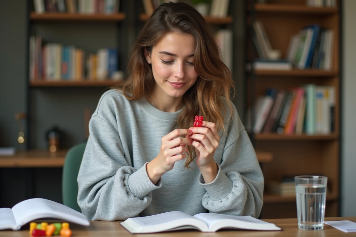 Jeune femme analysant un complément alimentaire en forme d'ourson géliftié dans un bureau à domicile avec carnet de notes ouvert