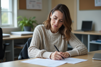 Femme d'âge moyen remplissant un formulaire d'aide technique