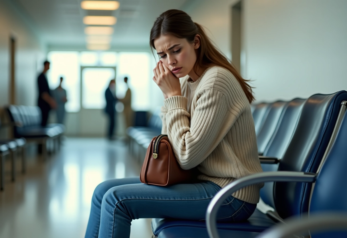 Jeune femme inquiète assise dans un couloir d