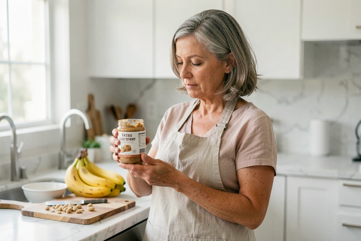 Femme d'âge mûr tenant un pot de beurre de cacahuète maison dans une cuisine moderne, symbolisant les habitudes alimentaires saines et la longévité