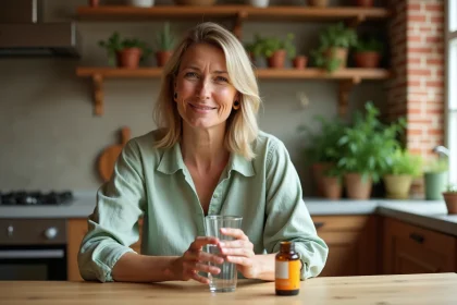 Femme tenant un verre d'eau avec une bouteille de complément digestif Floravia Avis sur une table en bois dans une cuisine naturelle