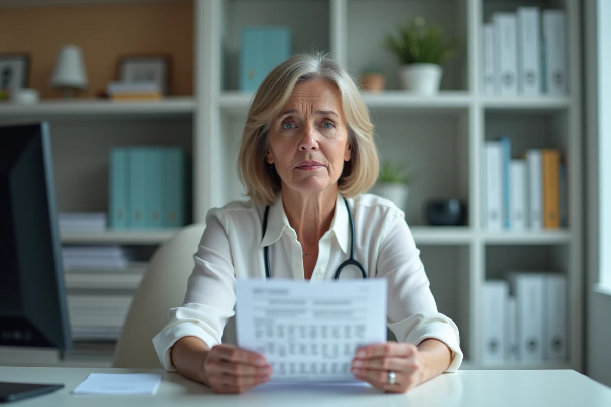 Femme en consultation médicale tenant un rapport de test