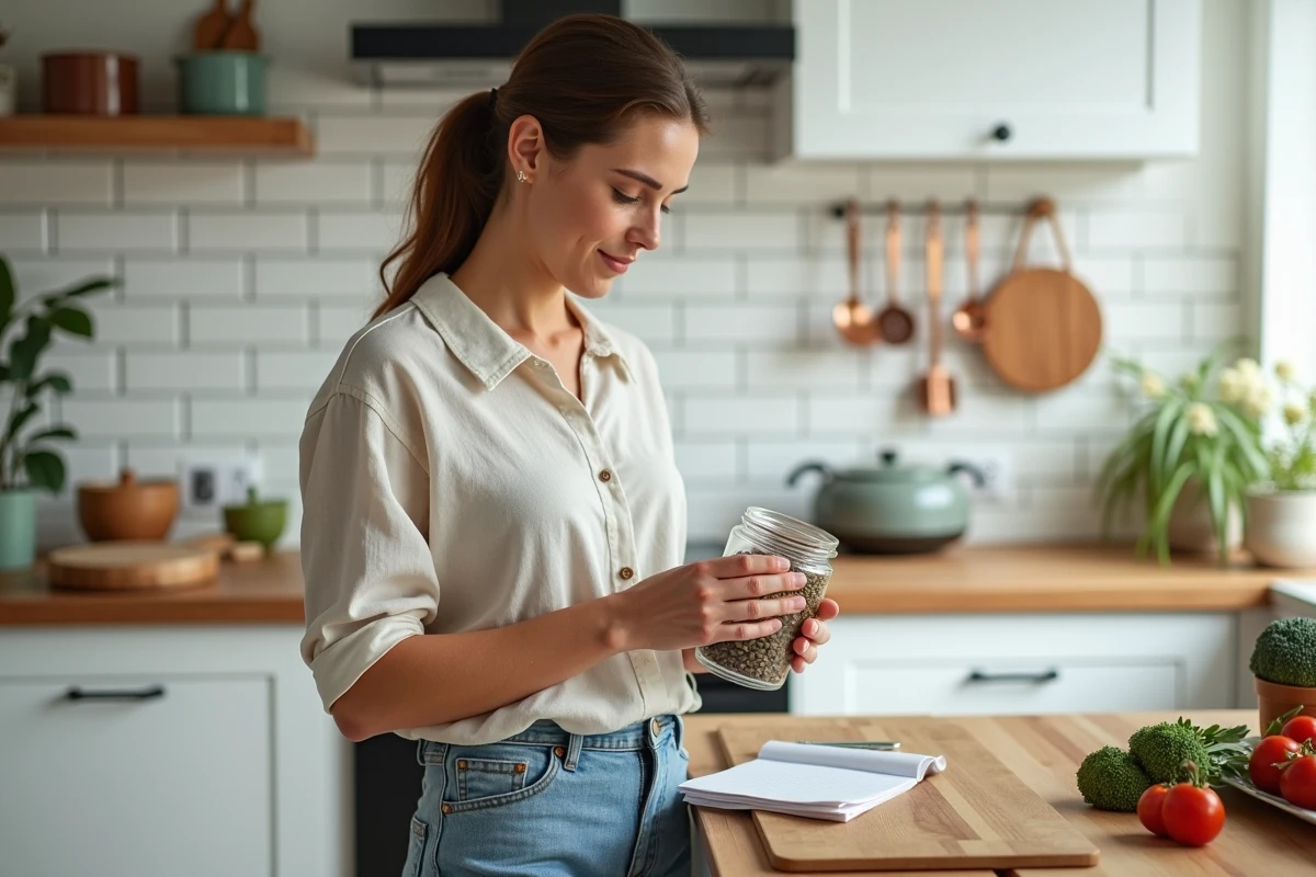 Femme lisant les informations nutritionnelles d'un aliment dans une cuisine bien organisée après un suivi diététique