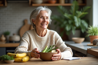 Femme dans une cuisine chaleureuse tenant un bol de prébiotiques naturels