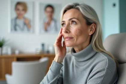 Femme d'&acirc;ge moyen avec verrue seborrheique sur la joue