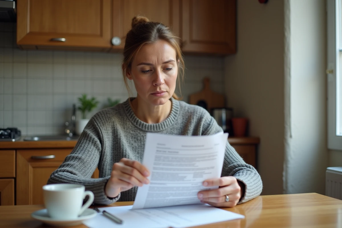 Femme consultant des documents de résiliation d'assurance ECA sur une table de cuisine