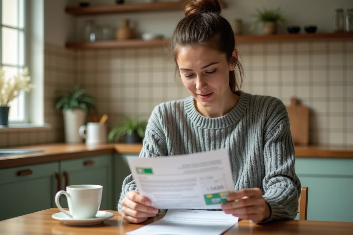 Femme à son domicile consultant sa Carte Vitale et un courrier de remboursement de soins lié à la télétransmission