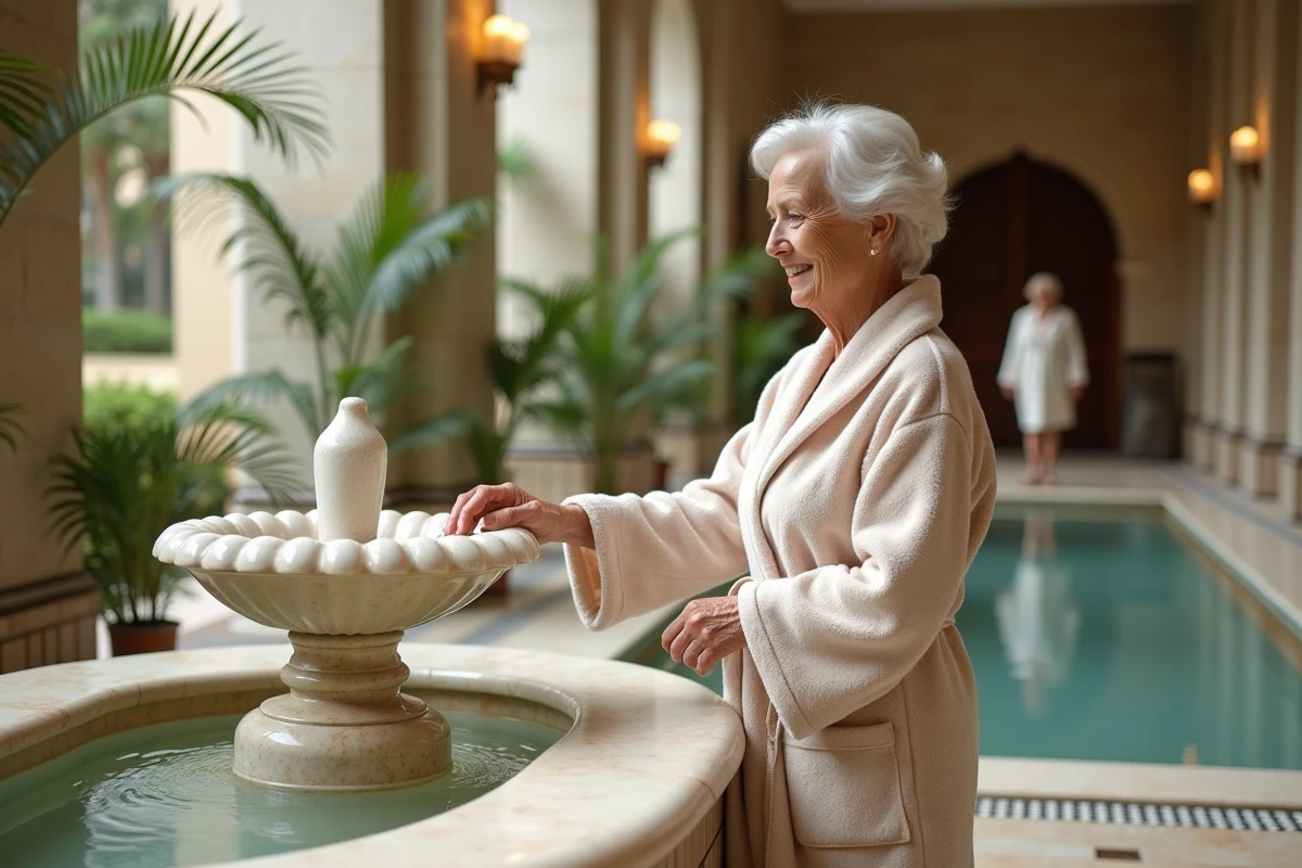 Femme &acirc;g&eacute;e dans un spa int&eacute;rieur touchant une fontaine en marbre