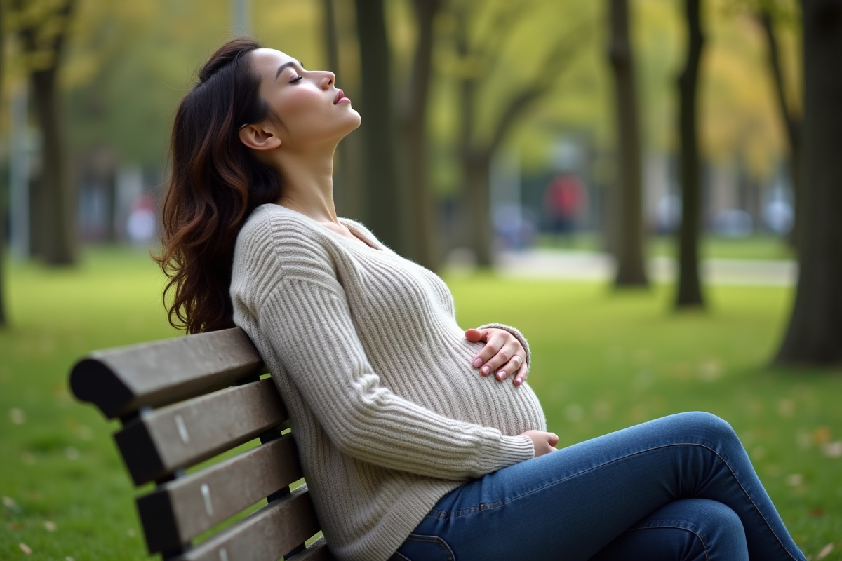 Femme enceinte assise dans un parc verdoyant