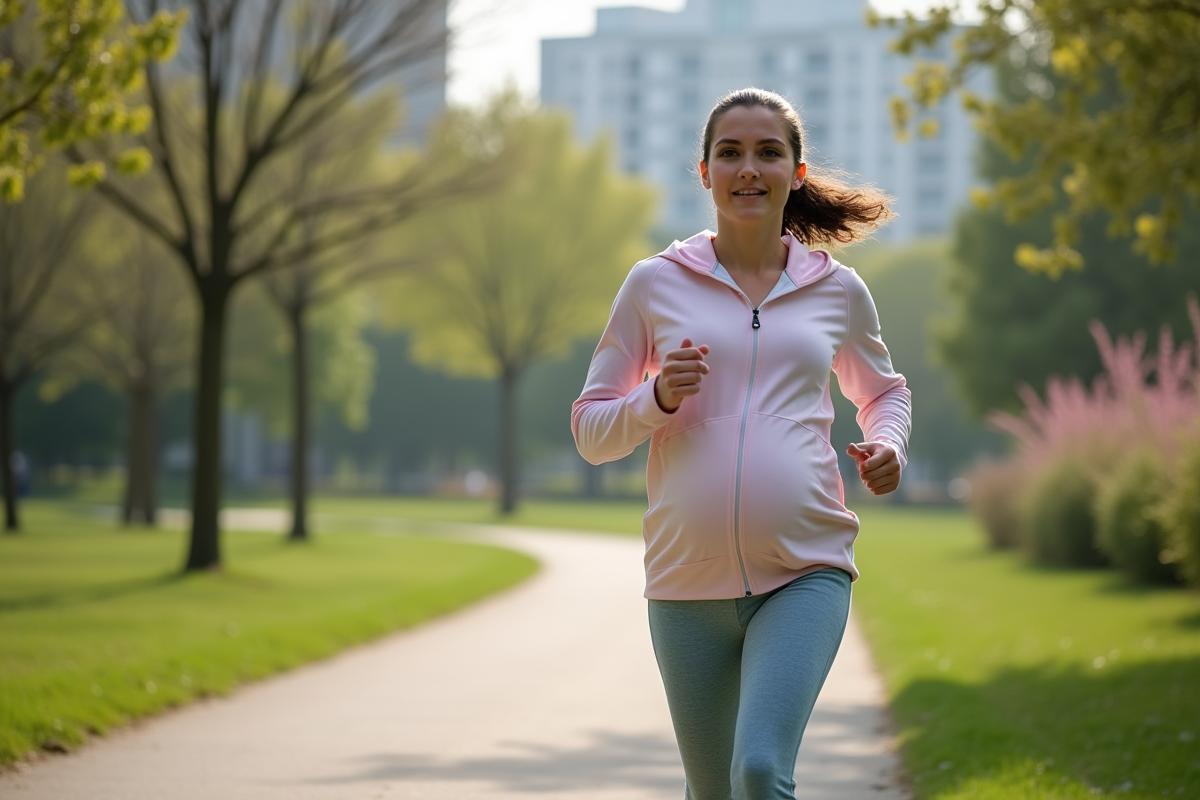 Femme enceinte courant dans un parc urbain au matin