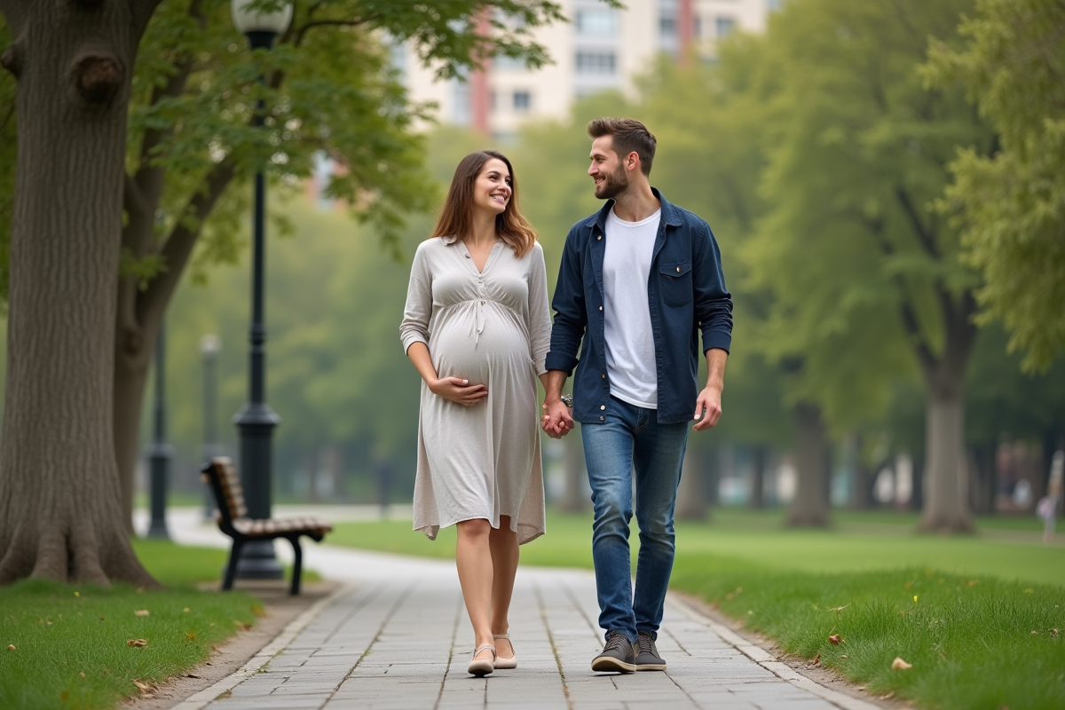 Femme enceinte marchant dans un parc avec son partenaire