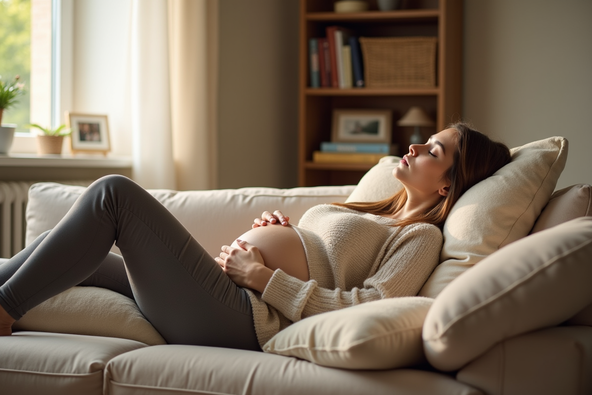 Jeune femme enceinte reposant sur un canapé avec coussin