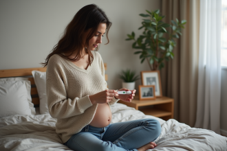 Femme enceinte tenant un test de grossesse dans une chambre chaleureuse