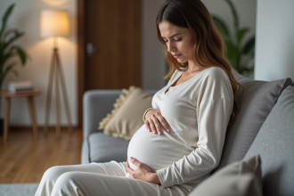 Femme enceinte assise sur un canapé moderne dans un salon