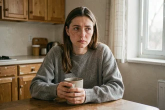 Femme épuisée assise seule dans une cuisine, illustrant les effets émotionnels d'une relation toxique et le drainage d'énergie