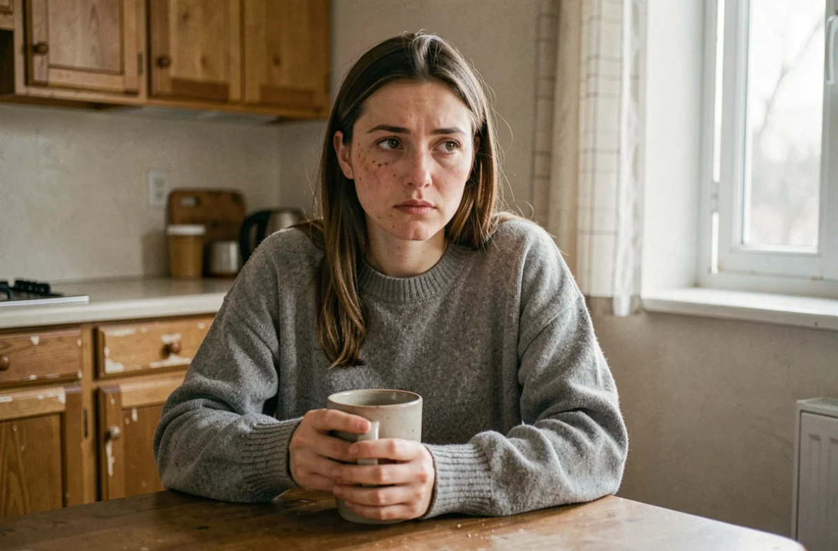 Femme épuisée assise seule dans une cuisine, illustrant les effets émotionnels d'une relation toxique et le drainage d'énergie