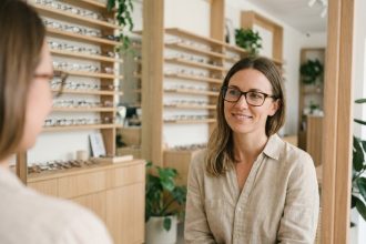 Femme essayant des lunettes chez un opticien local dans une boutique optique moderne et accueillante