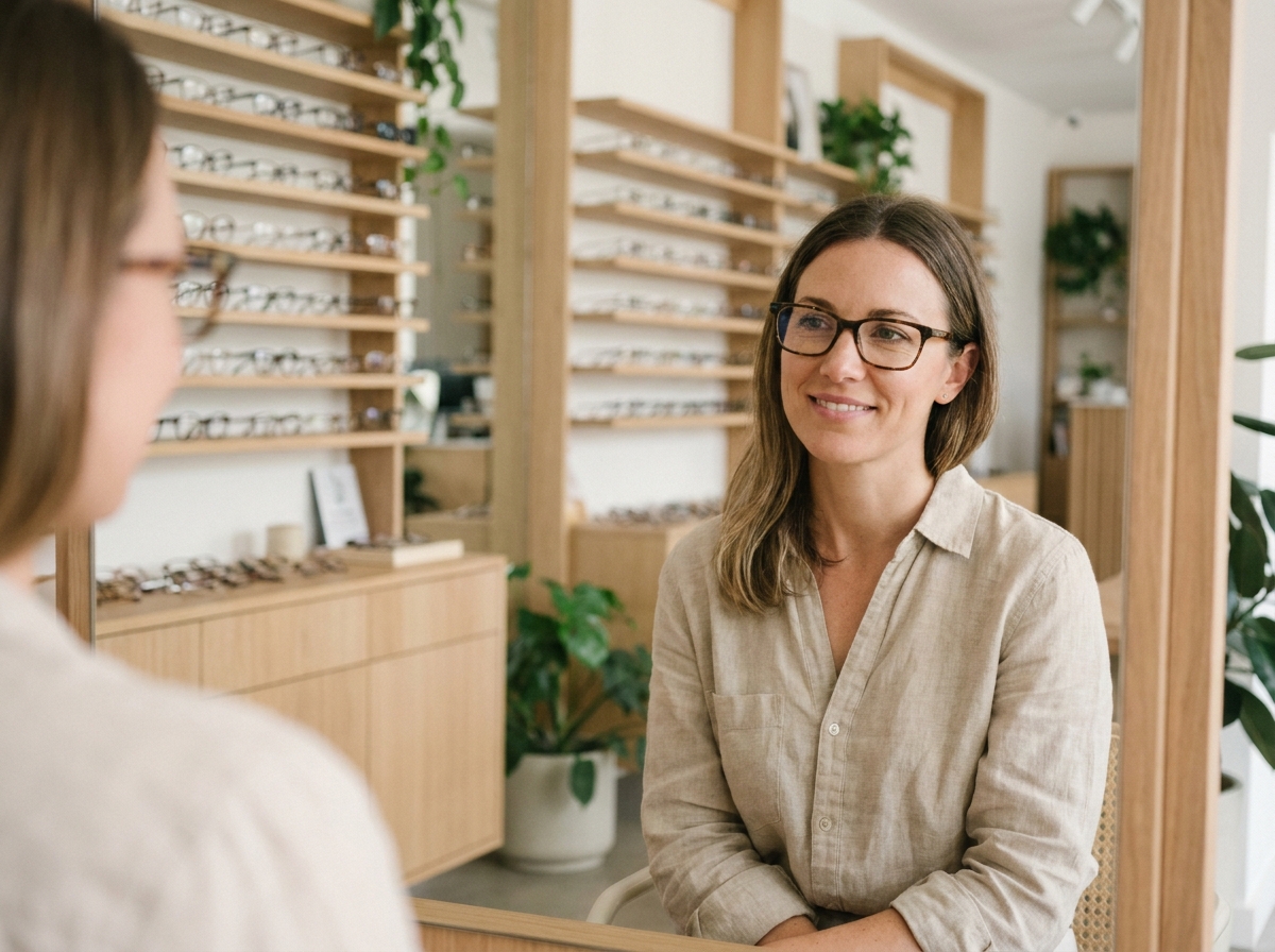 Femme essayant des lunettes chez un opticien local dans une boutique optique moderne et accueillante
