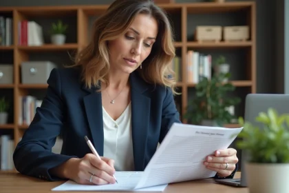 Femme d'une quarantaine d'années étudiant le programme Reborn21 à son bureau à domicile, évaluant les tarifs et l'accompagnement personnalisé