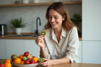 Femme mangeant des fruits riches en vitamine D dans une cuisine moderne et lumineuse