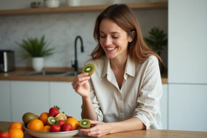 Femme mangeant des fruits riches en vitamine D dans une cuisine moderne et lumineuse