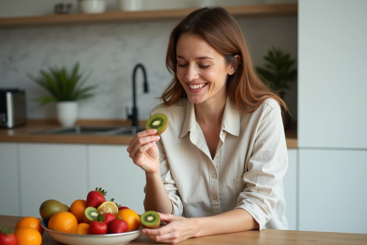 Femme mangeant des fruits riches en vitamine D dans une cuisine moderne et lumineuse