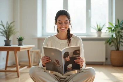 Femme lisant un magazine de psychologie positive dans un salon minimaliste scandinave, abonnement 2026