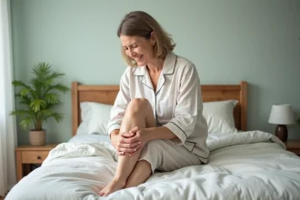 Femme en pyjama coton assise sur le lit avec douleur aux jambes