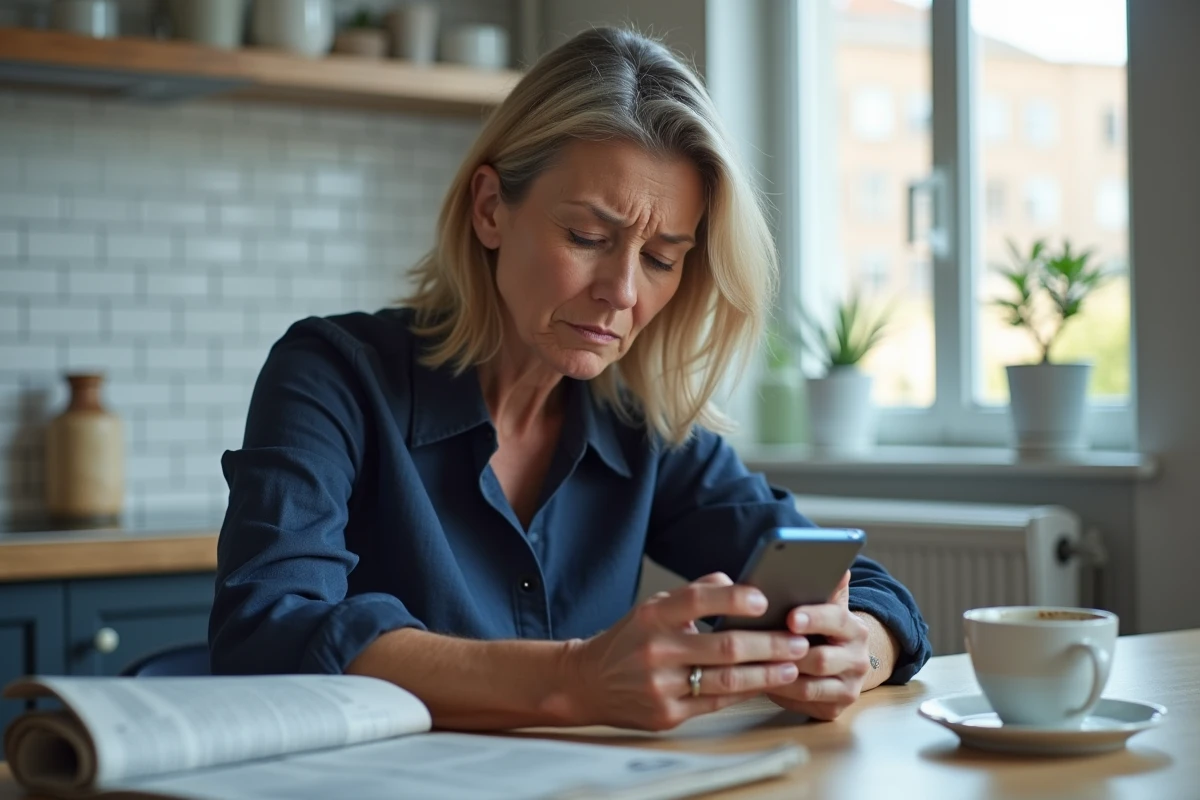 Femme lisant une rumeur sur son téléphone avec un regard sceptique et inquiet