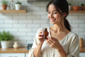 Femme examinant une bouteille de complément alimentaire Lulutox dans une cuisine moderne