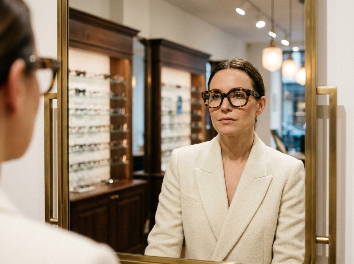Femme élégante portant des lunettes de créateur en acétate écaille dans une boutique optique haut de gamme